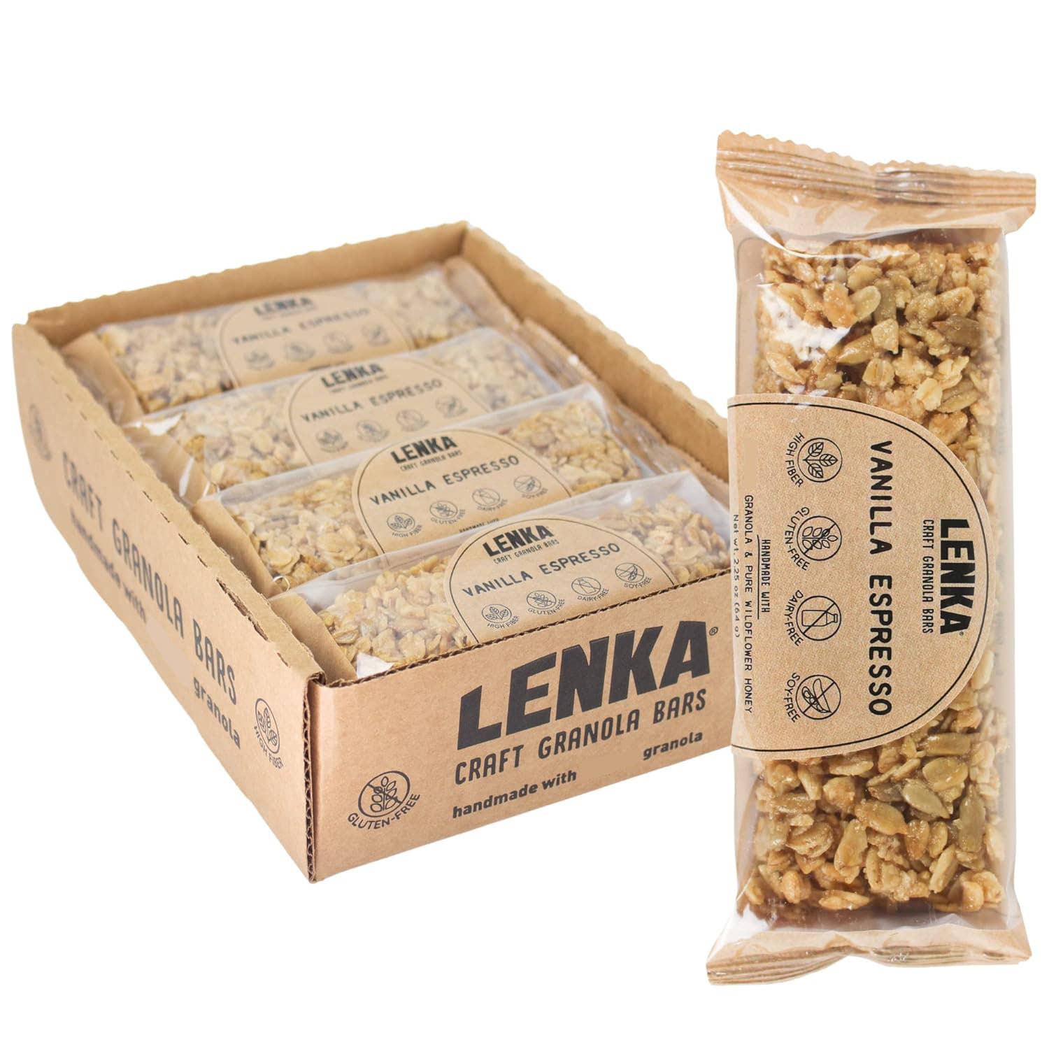 Lenka Craft Granola Bars - Vanilla Espresso Granola Bar - High Fiber, Dairy Free