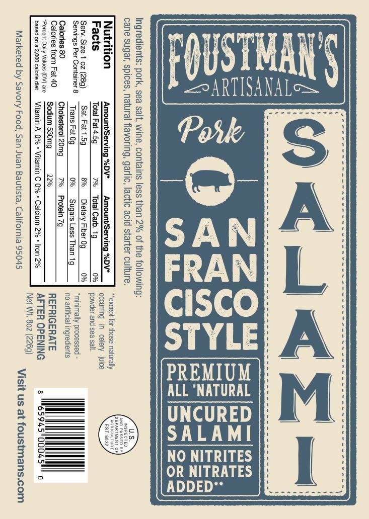 Foustman's Salami - PORK SAN FRANCISCO STYLE | FOUSTMAN'S UNCURED SALAMI - 8oz